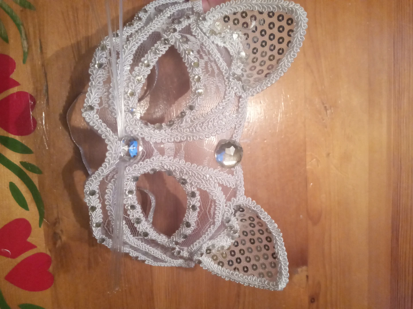 White Lace Cat Ear Masquerade Mask with Sequins and Jewels - photo 3