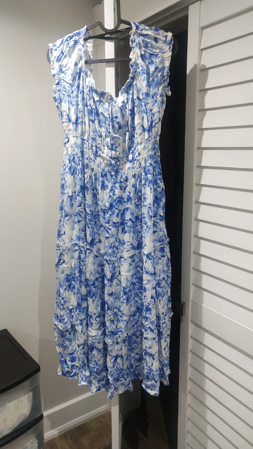 Blue Floral Tiered Midi Dress XL