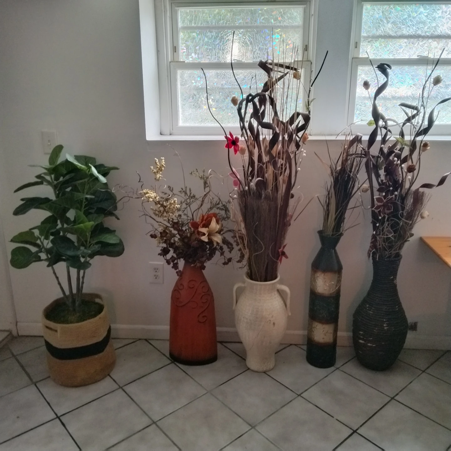 5 Decorative Vases with Artificial Plants and Dried Stems