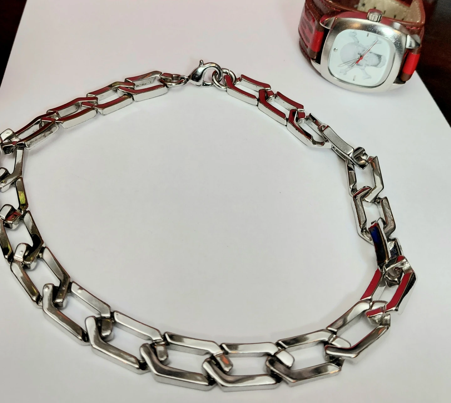 Grunge Hudson Skull Wide Cuff Watch & Chain Link Chain Necklace