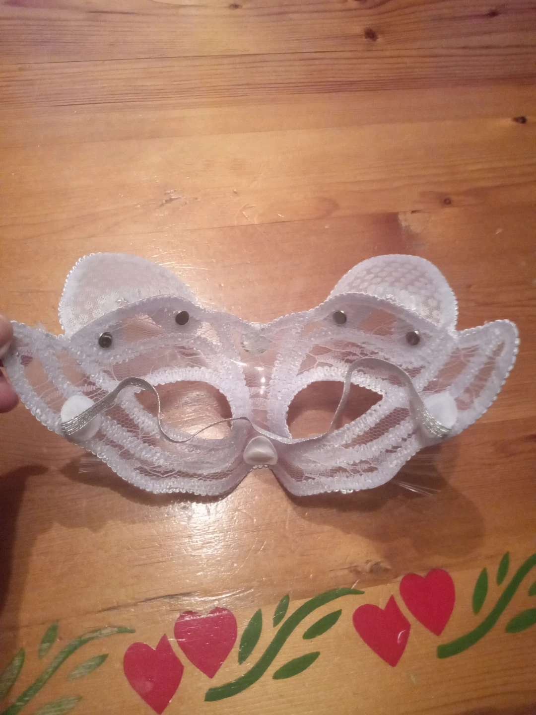 White Lace Cat Ear Masquerade Mask with Sequins and Jewels - photo 2
