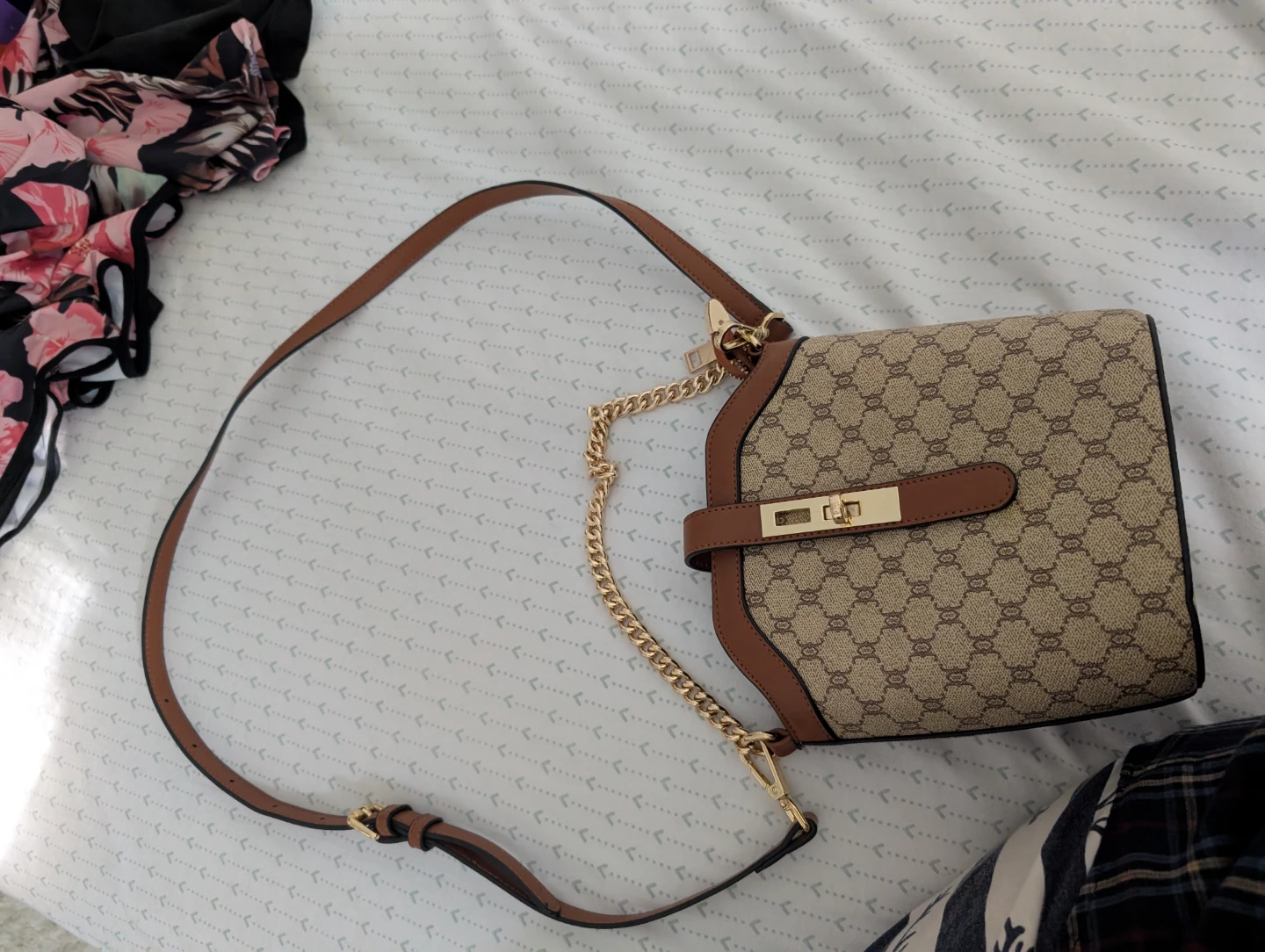Brown Monogram Shoulder Bag with Gold Chain