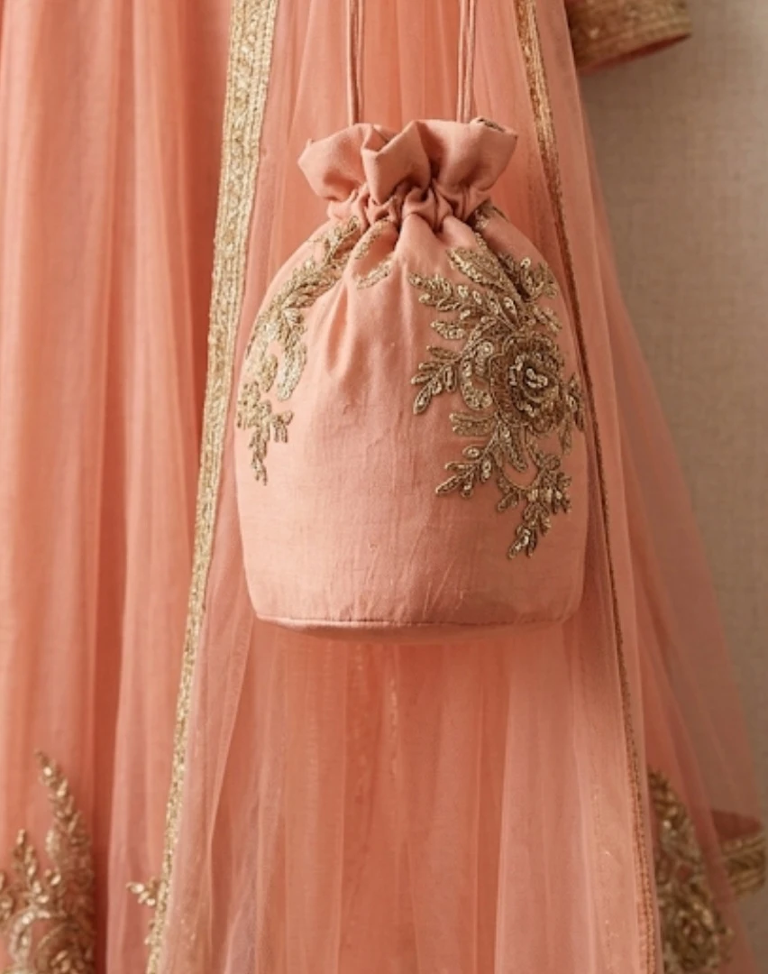 Peach Embroidered Anarkali Suit with Potli Bag - photo 2