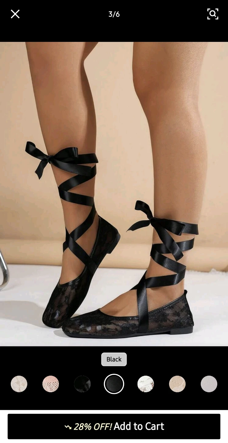 Black Lace Ballet Flats with Ribbon Ties