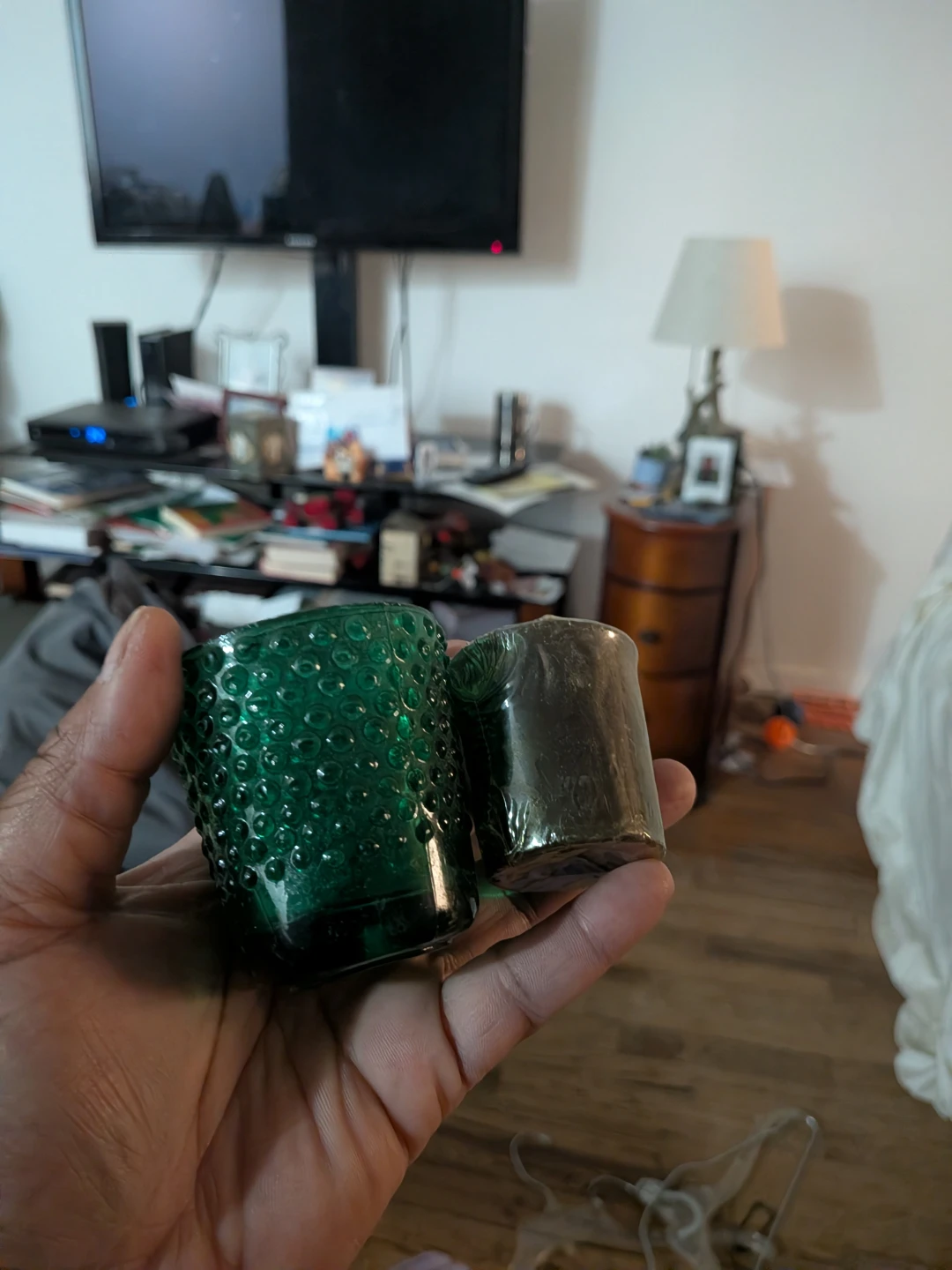 Green Glass Hobnail Votive Candle Holders Set of 2