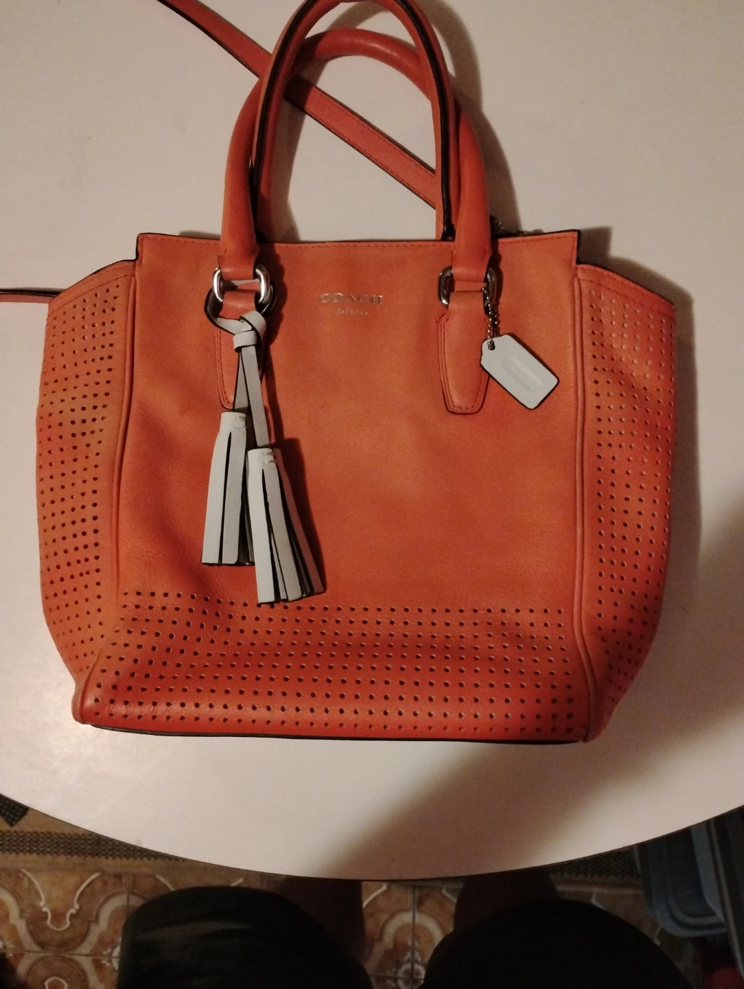 Coach Orange Perforated Leather Tote Handbag