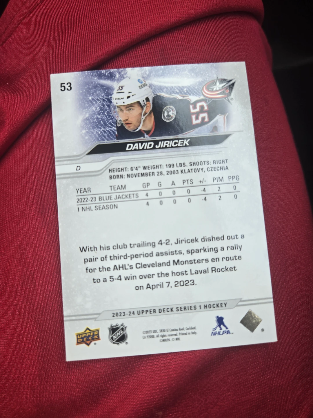Upper Deck 2023-24 David Jiricek Hockey Card - photo 2