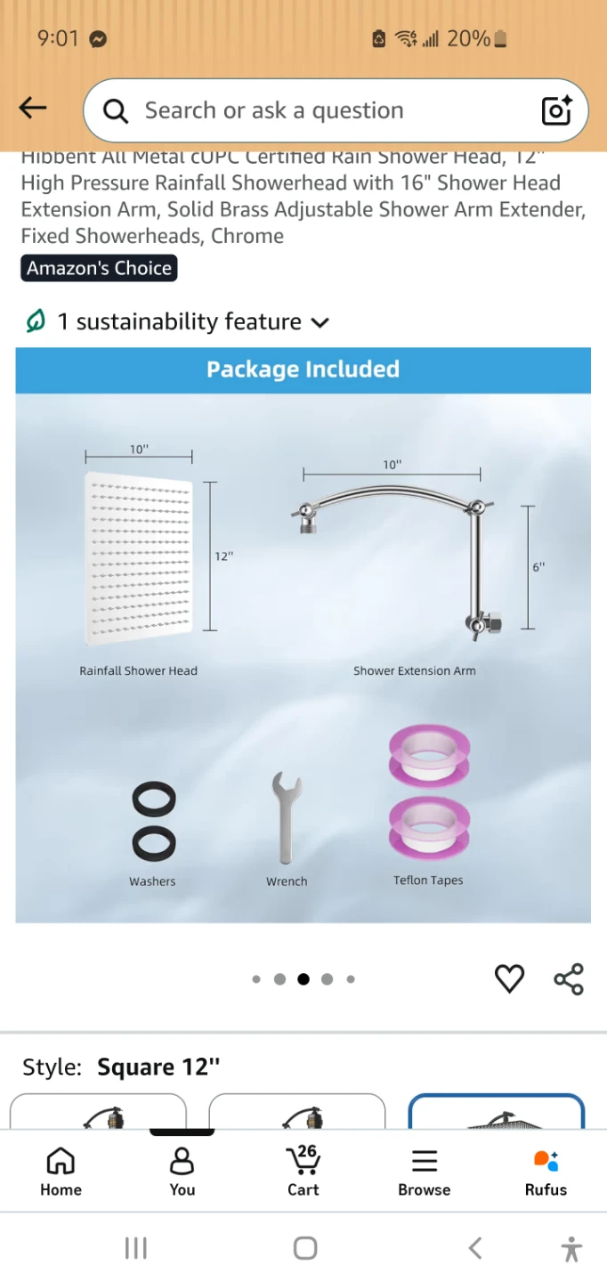 Hibbent Square Rainfall Shower Head 16" Ext Arm - Chrome - photo 2
