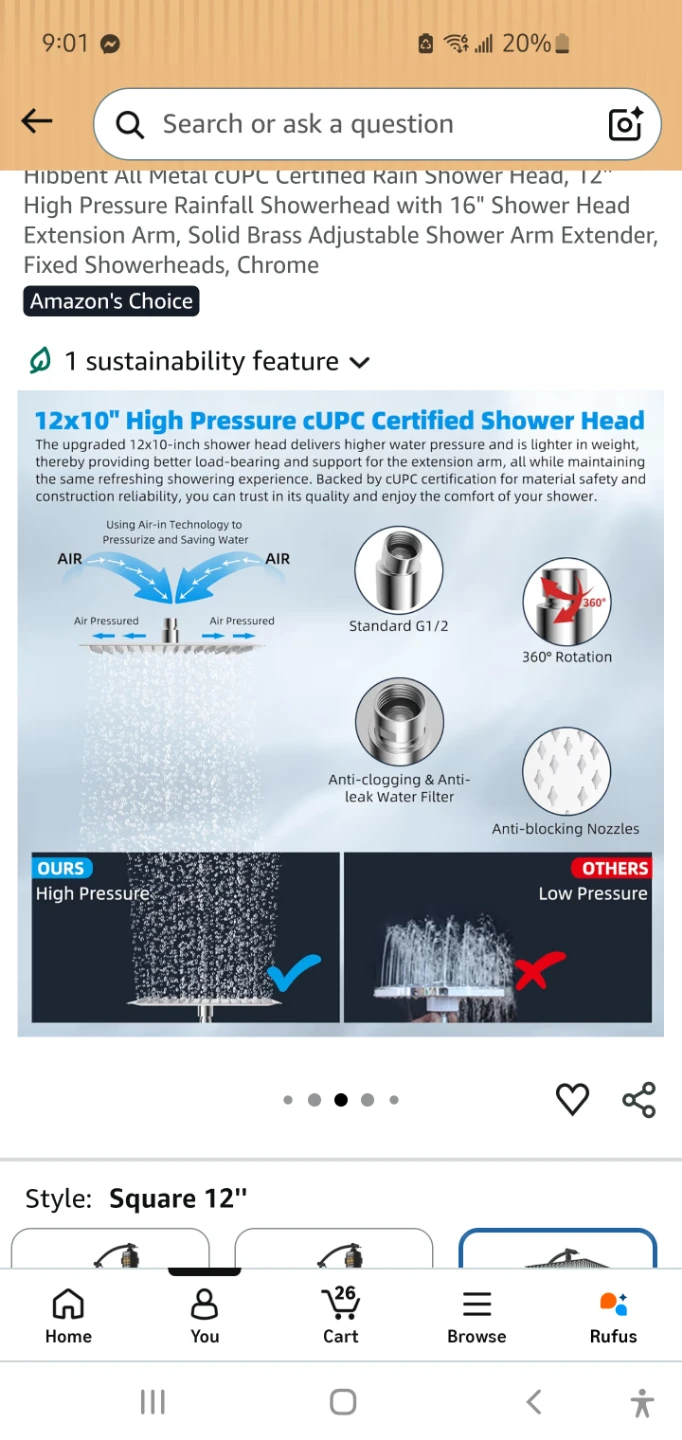 Hibbent Square Rainfall Shower Head 16" Ext Arm - Chrome - photo 3