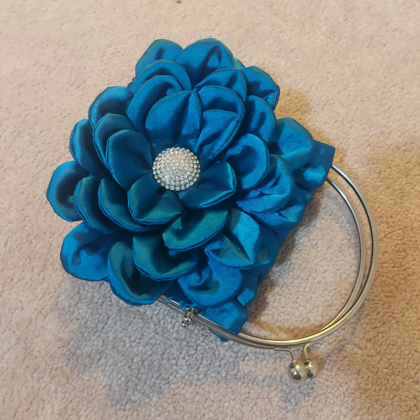 Teal Satin Floral Clutch Purse with Rhinestone Accent