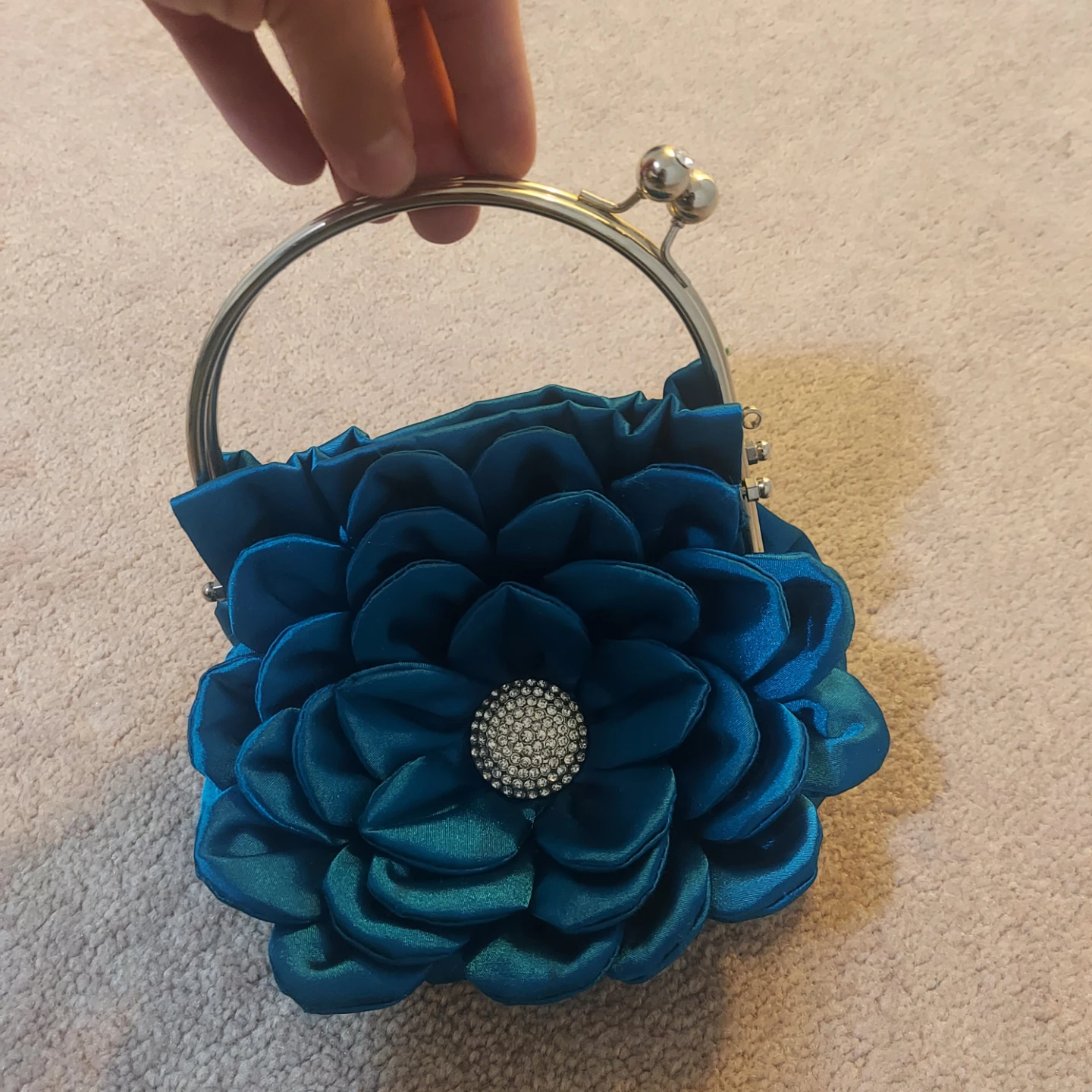 Teal Satin Floral Clutch Purse with Rhinestone Accent - photo 3