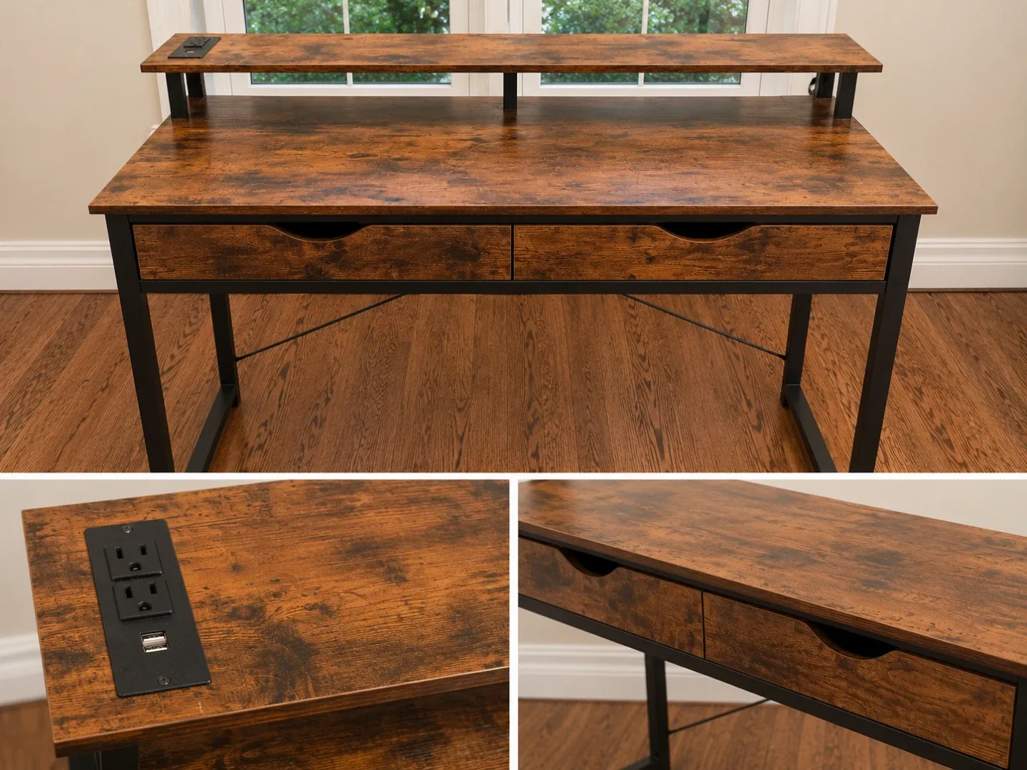 Computer Desk Monitor Stand, Built In Power Outlets