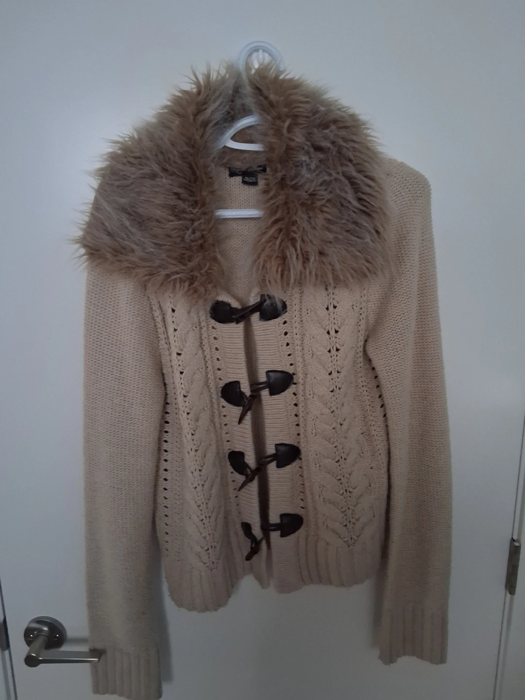 Women's Tan Knit Cardigan with Faux Fur Collar