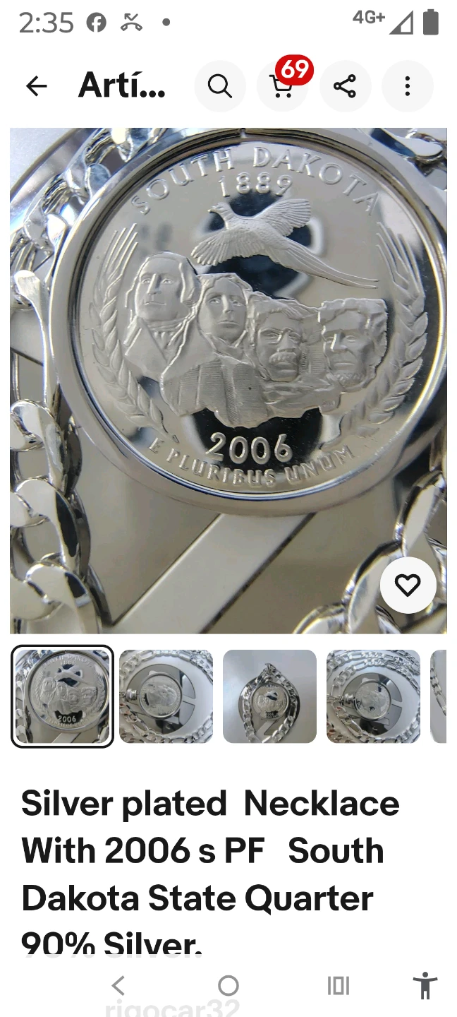 Silver Plated Necklace with 2006 South Dakota State Quarter