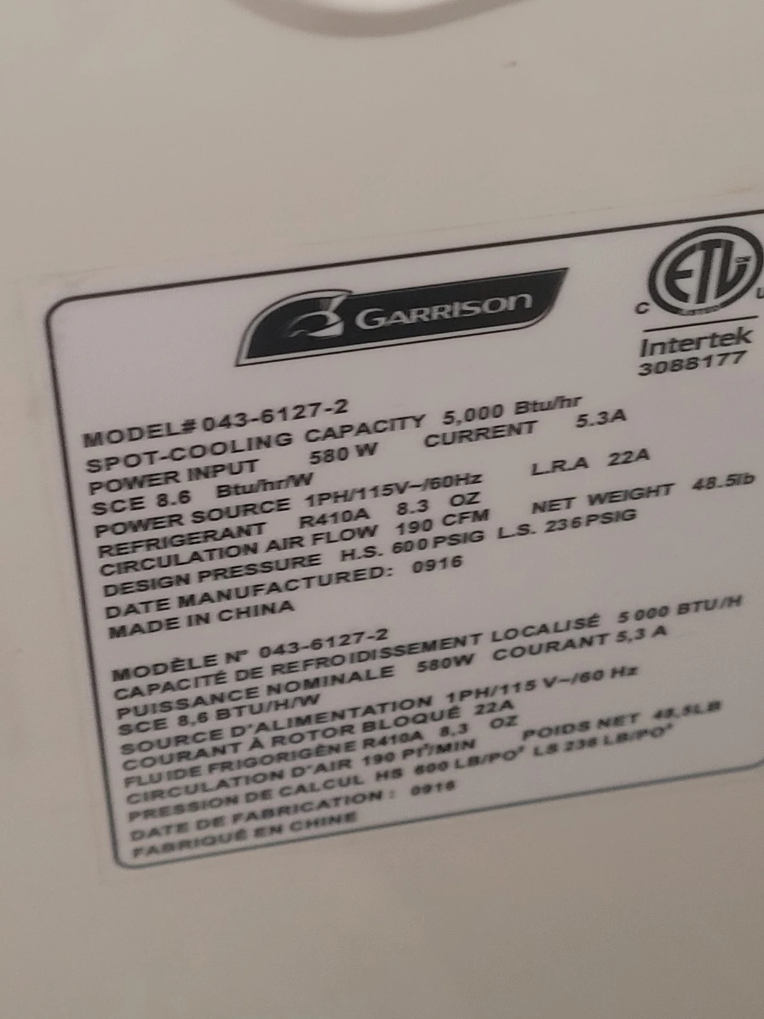 Garrison Portable Air Conditioner Model 043-6127-2