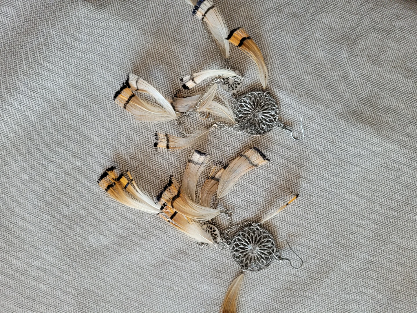 Feather Dangle Earrings with Silver Filigree