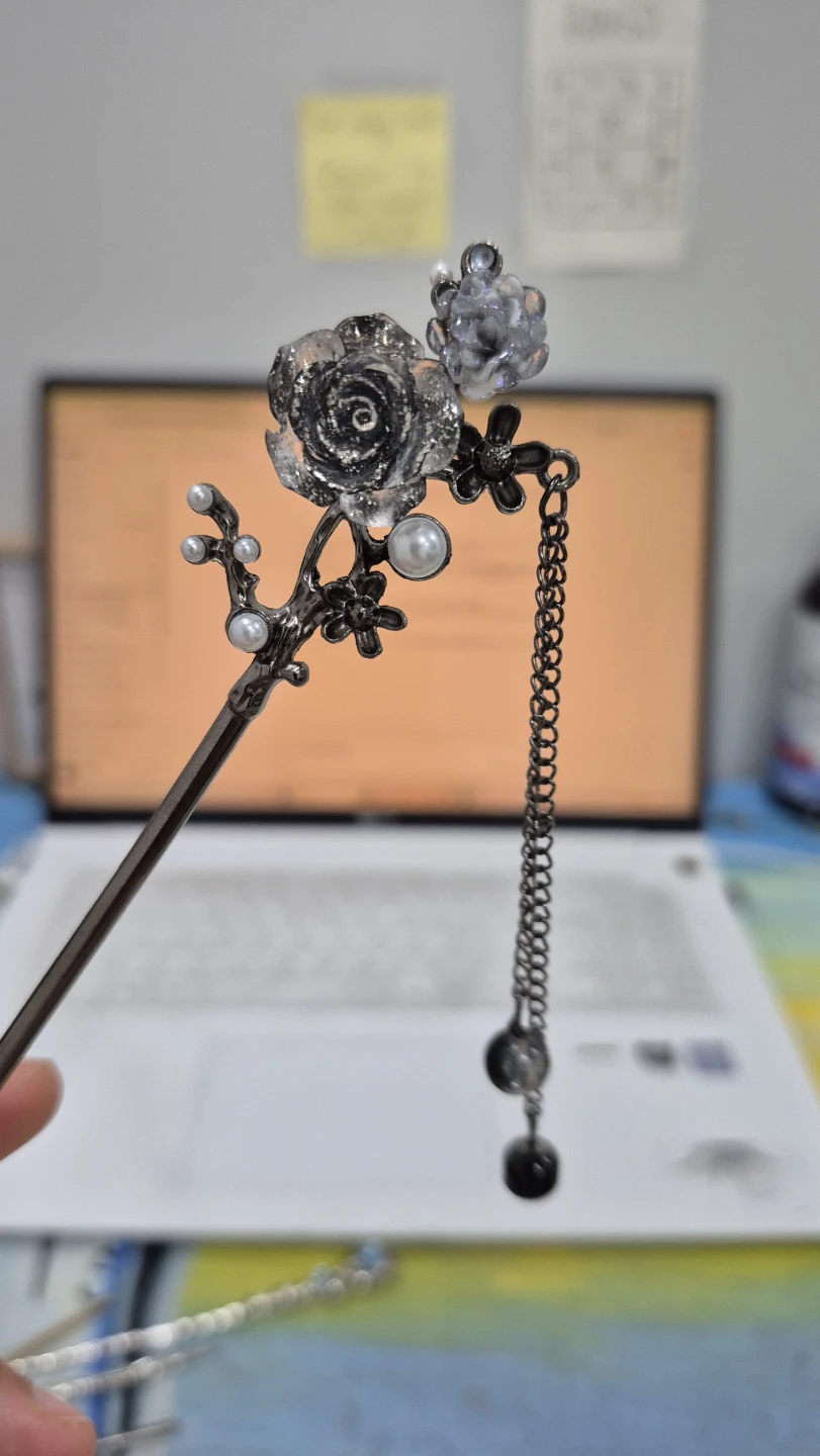 Black rose pearl hair stick pin chinese style