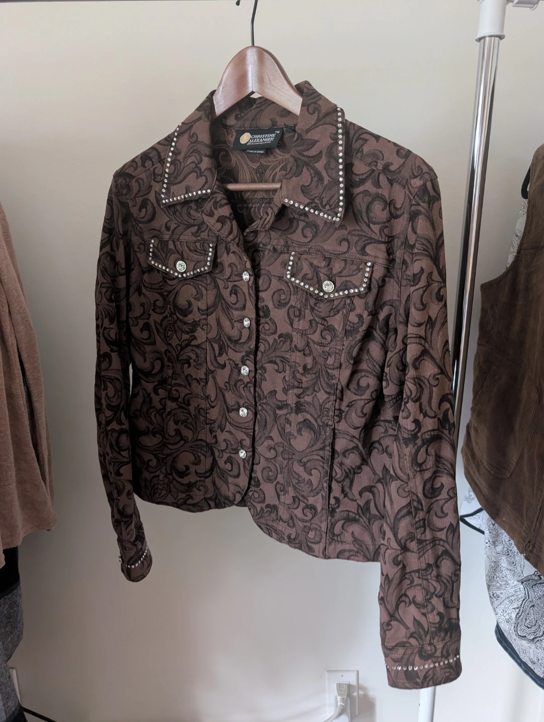 Christine Alexander Brown Embellished Button-Up Shirt
