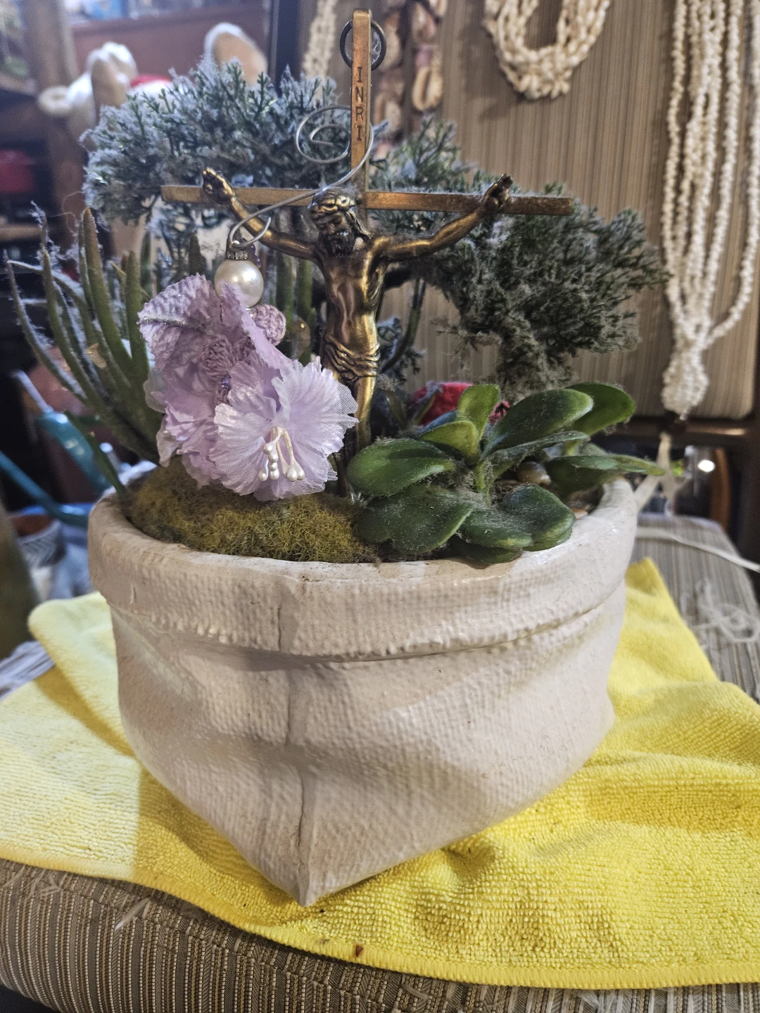 Decorative planter with crucifix and faux plants - photo 2