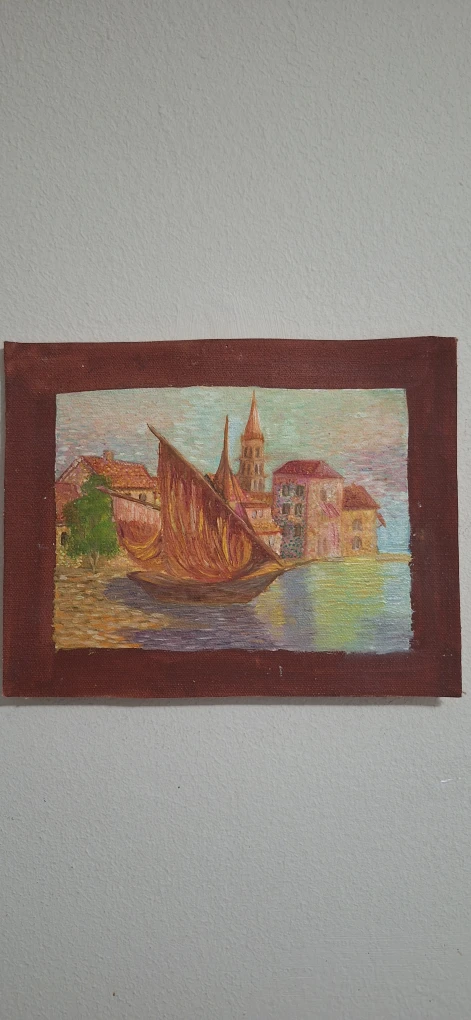 Vintage Painting of a Sailboat and Coastal Town