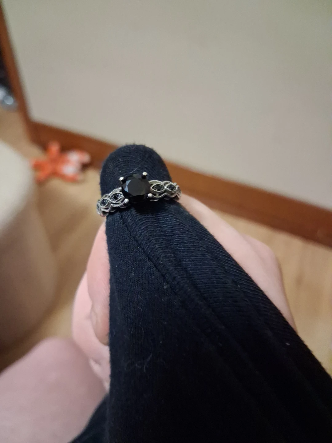 Black Stone Ring with Silver Band - photo 2