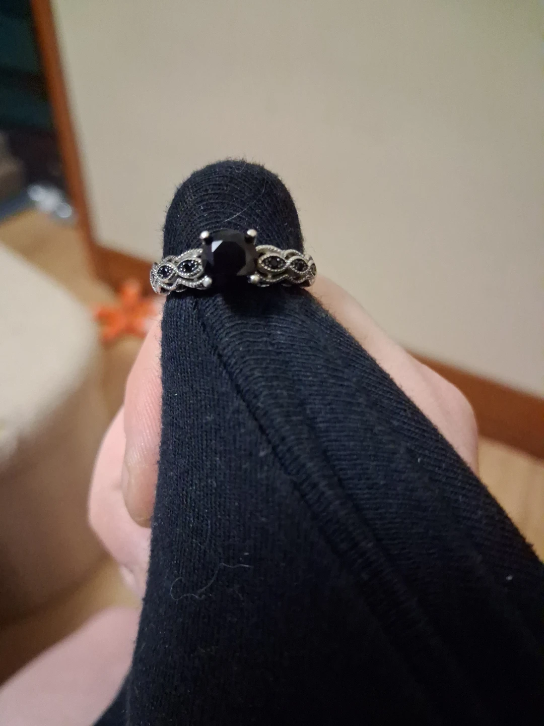 Black Stone Ring with Silver Band - photo 3