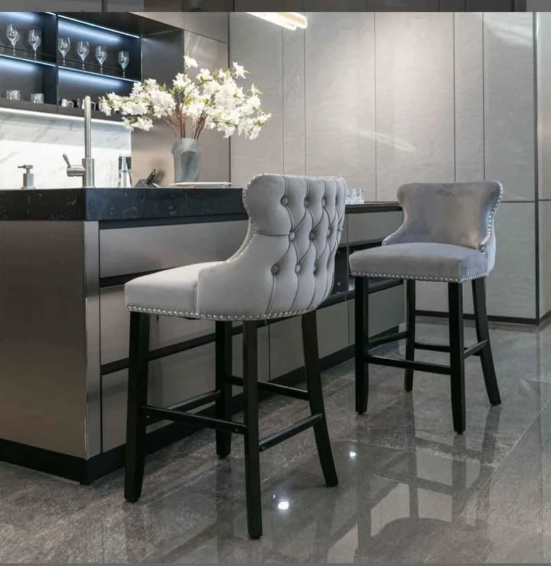 Set of 2 Gray Velvet Tufted Bar Stools
