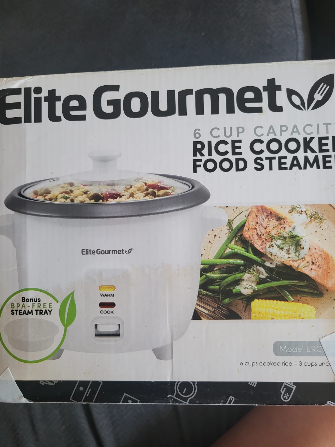 New boxed Elite Gourmet 6 Cup Rice Cooker & Food Steamer