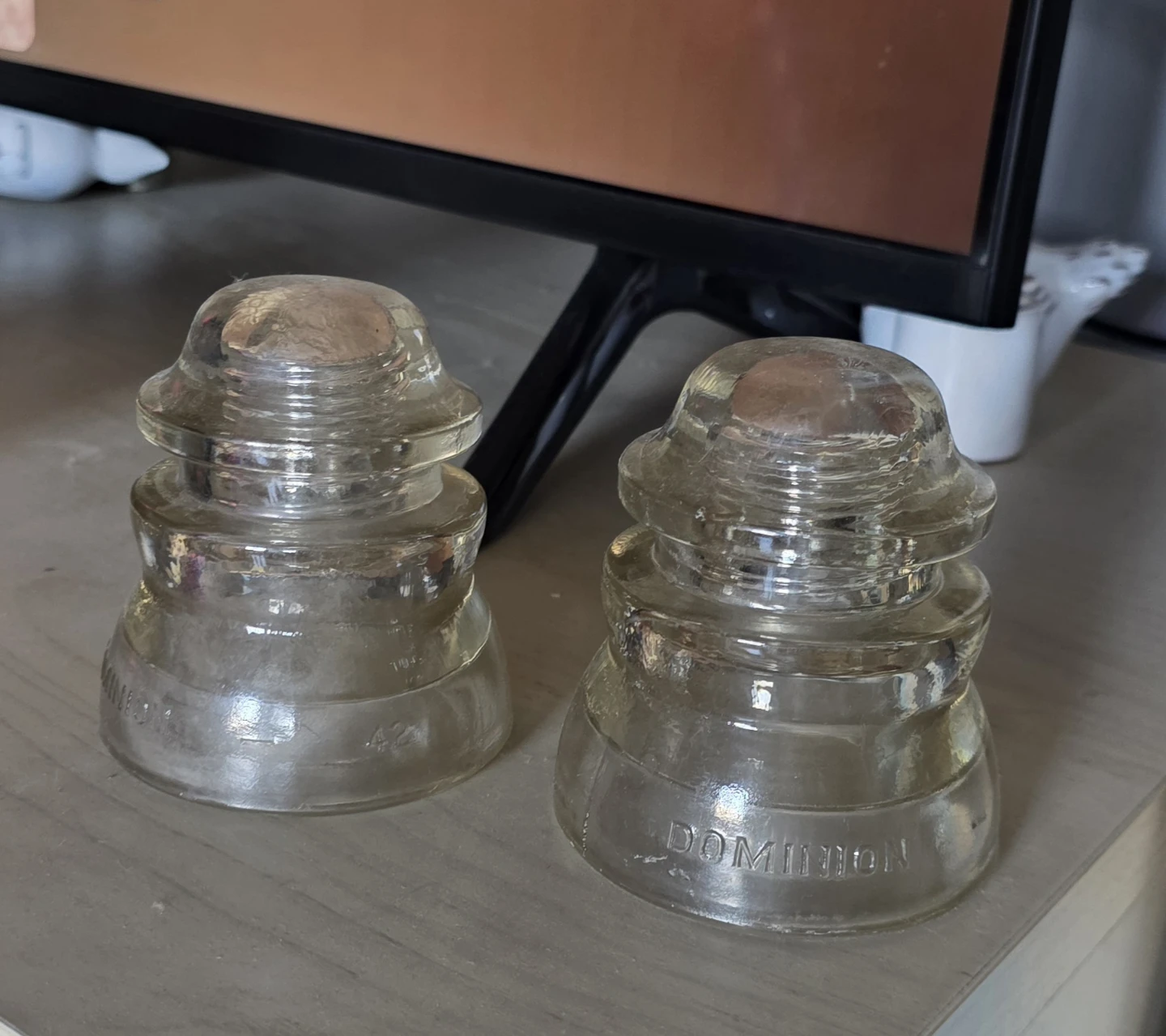 2x Glass Electrical Insulators - Dominion