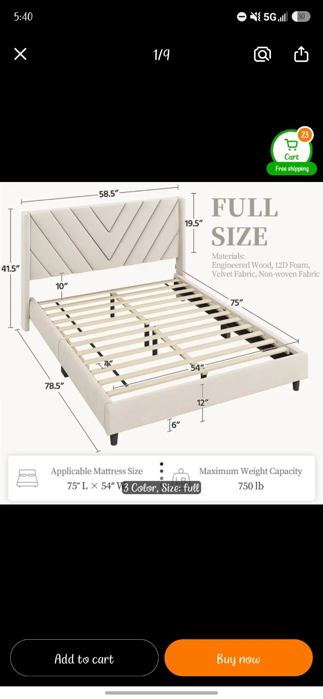Velvet Upholstered Platform Bed Frame - Full Size - photo 5