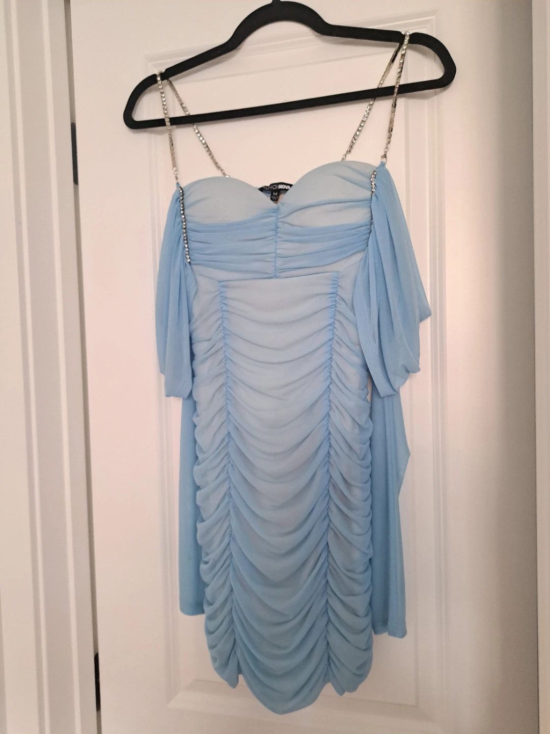 Fashion Nova Blue Ruched Mini Dress with Rhinestone Straps - photo 4