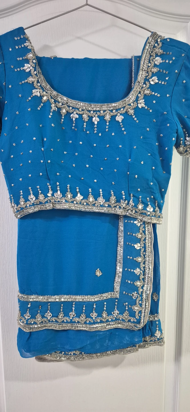 Blue Embellished Saree with Blouse and Dupatta
