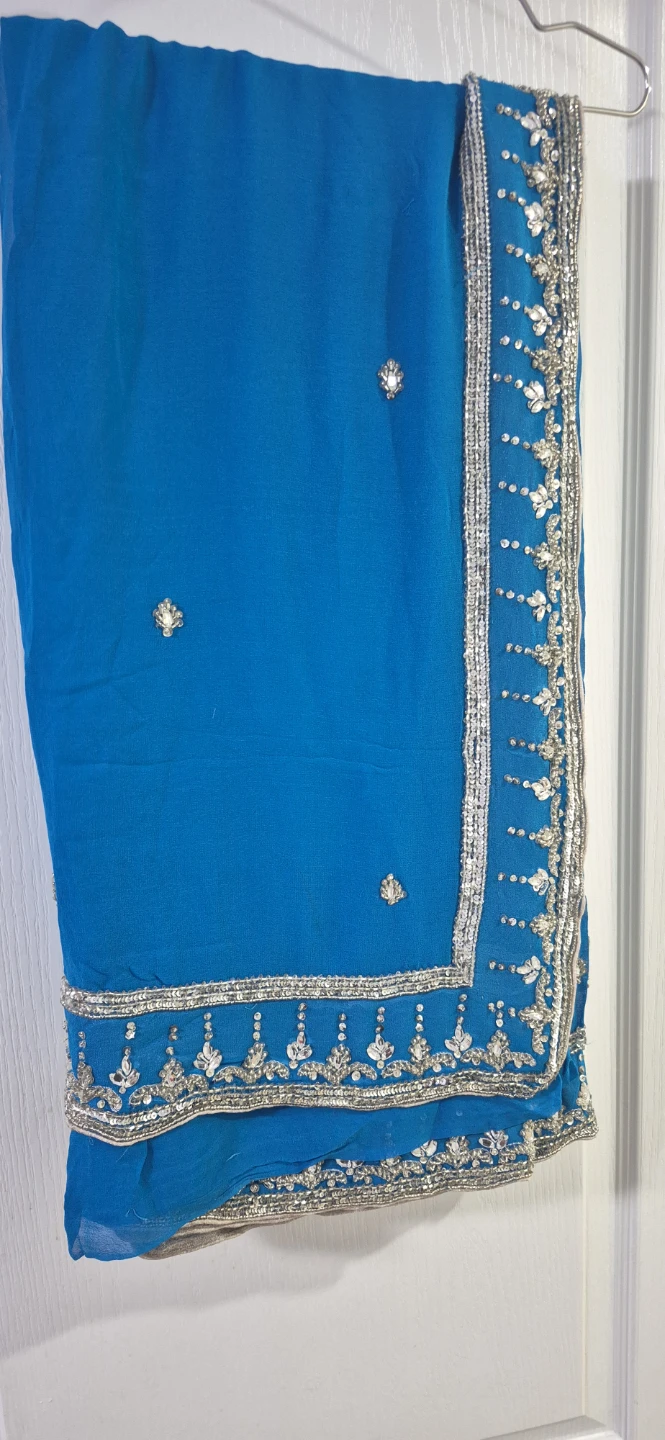 Blue Embellished Saree with Blouse and Dupatta - photo 2