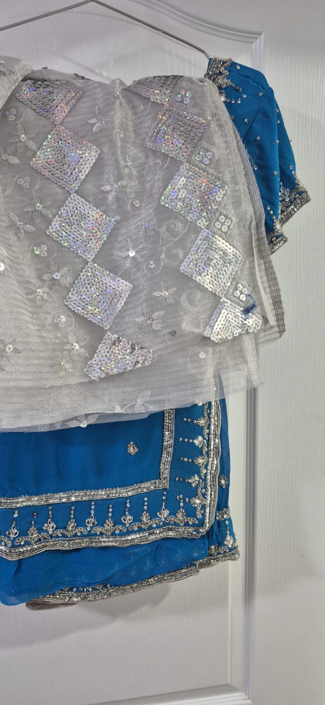 Blue Embellished Saree with Blouse and Dupatta - photo 3