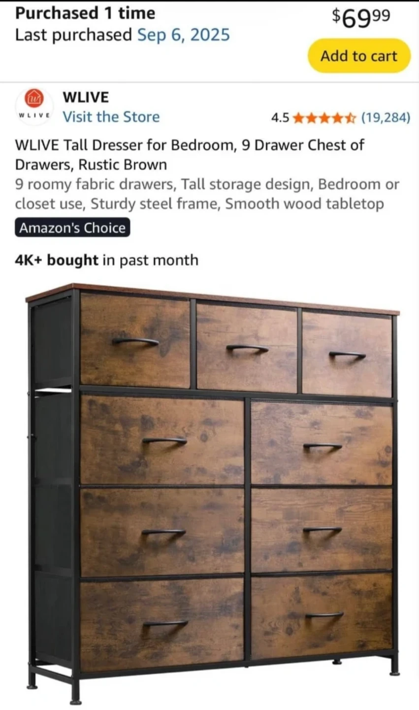 WLIVE Tall Dresser, 9 Drawer Chest, Rustic Brown - photo 2