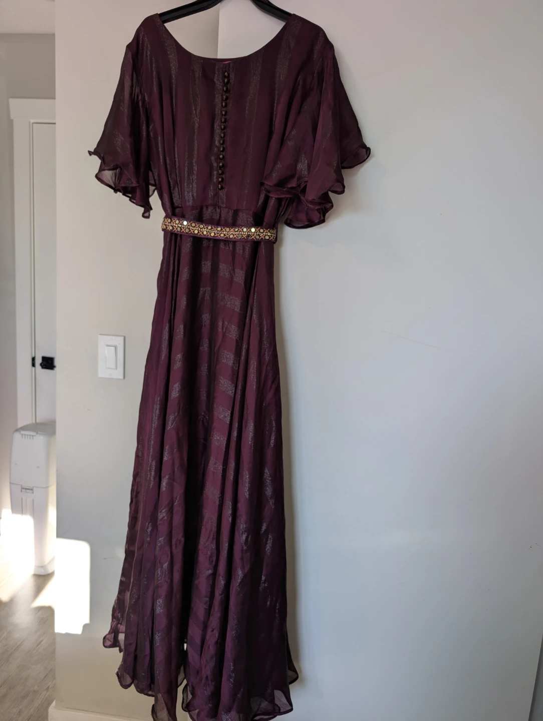 Burgundy Striped Maxi Dress with Beaded Belt