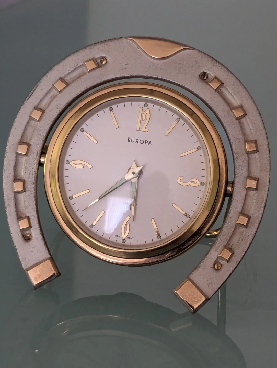 READ AD: VINTAGE Europa horseshoe travel alarm Clock mid-20th