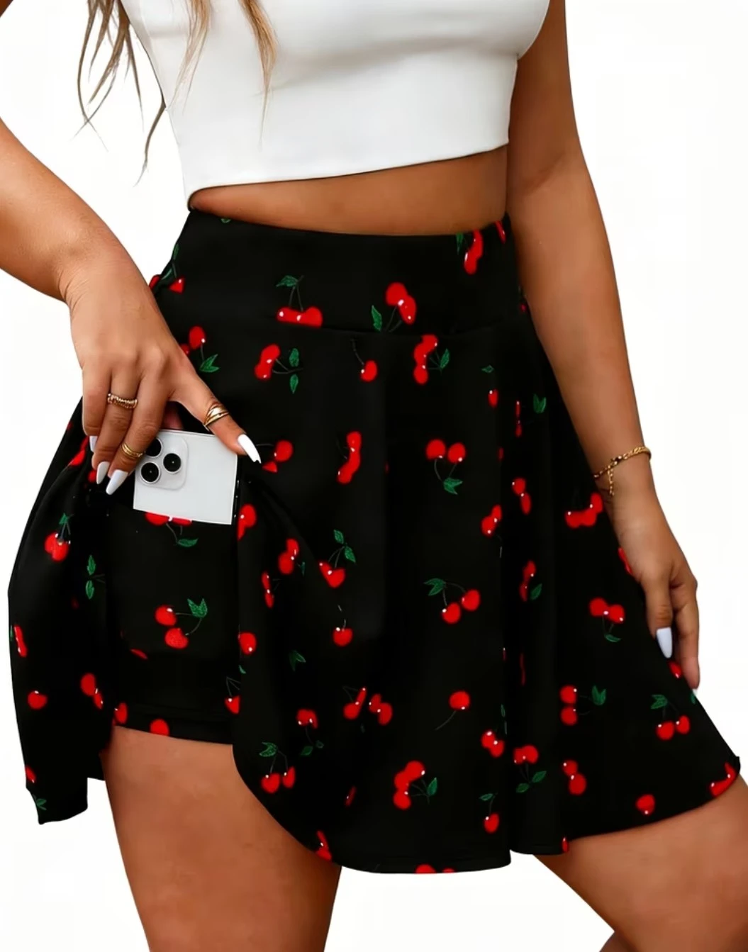 XL Cherry print Skirt shórt underneath