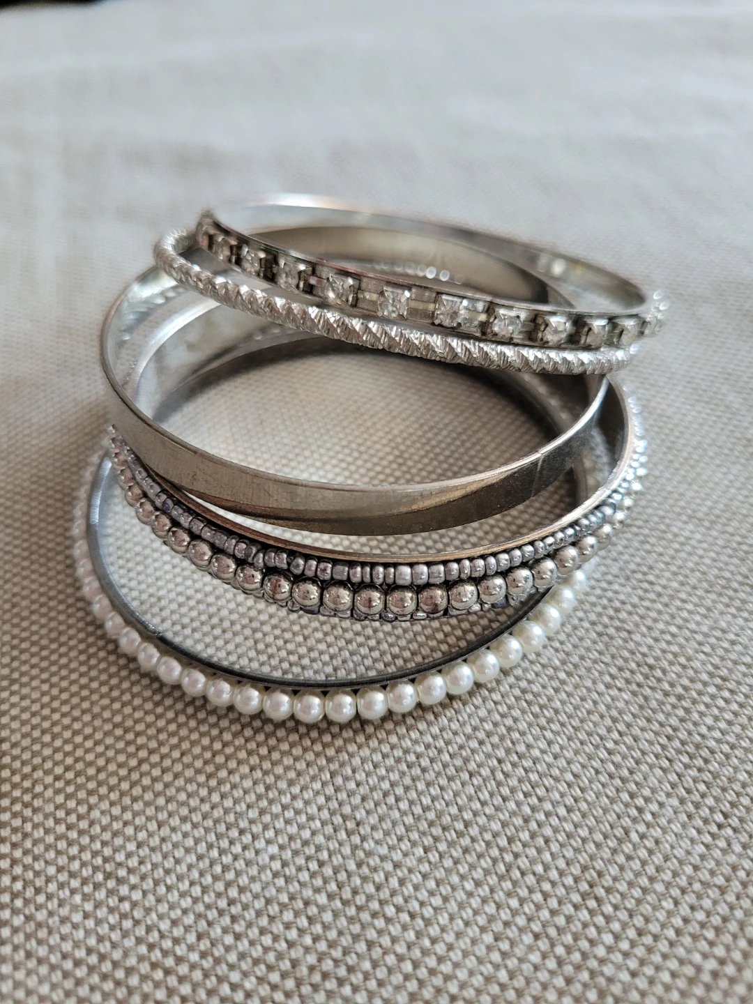 Set of 5 Silver Tone Bangles with Pearls and Rhinestones