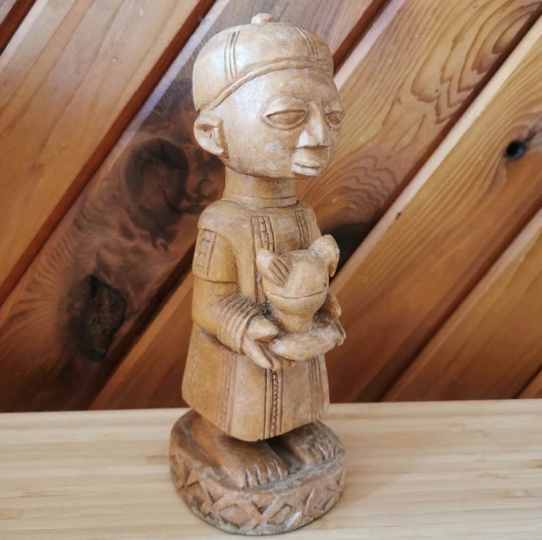 Vintage Hand Carved African Wood Figure Holding Bird Sculpture - photo 3