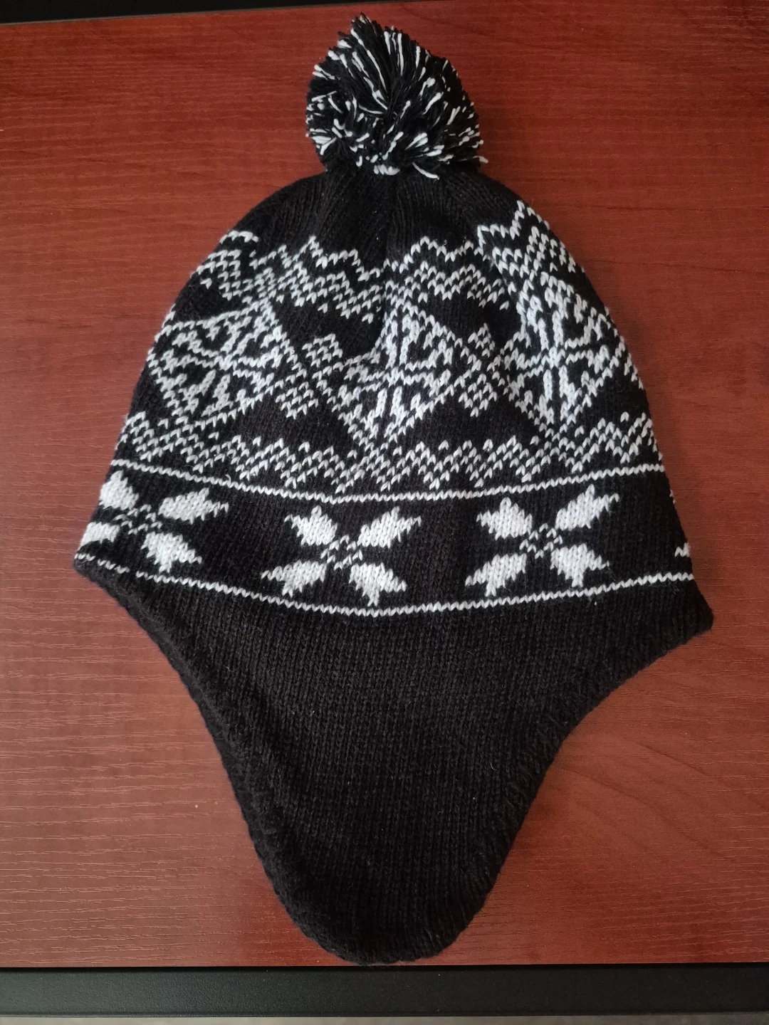 Black & White Knit Winter Hat with Pom