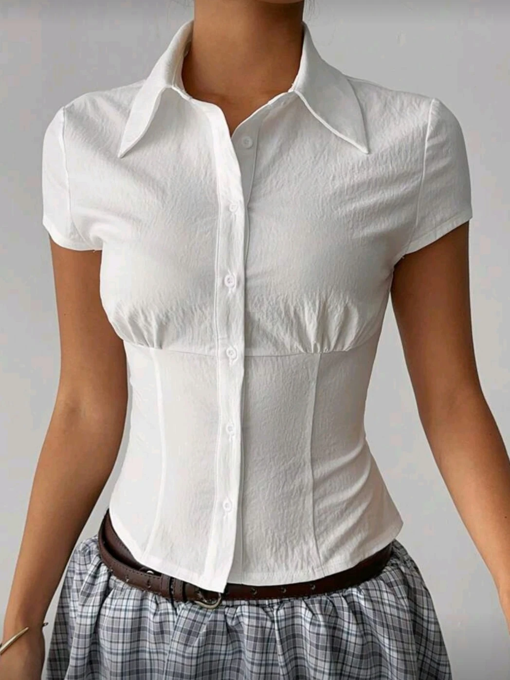 Collared Button-Up Blouse Short Sleeved Shirt - photo 2