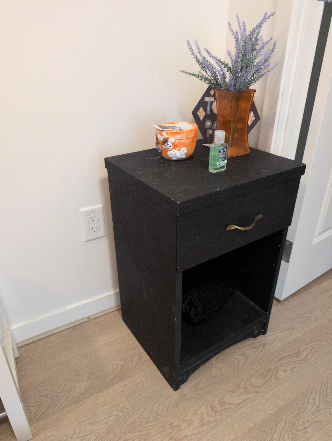 Black Nightstand with Drawer and Shelf