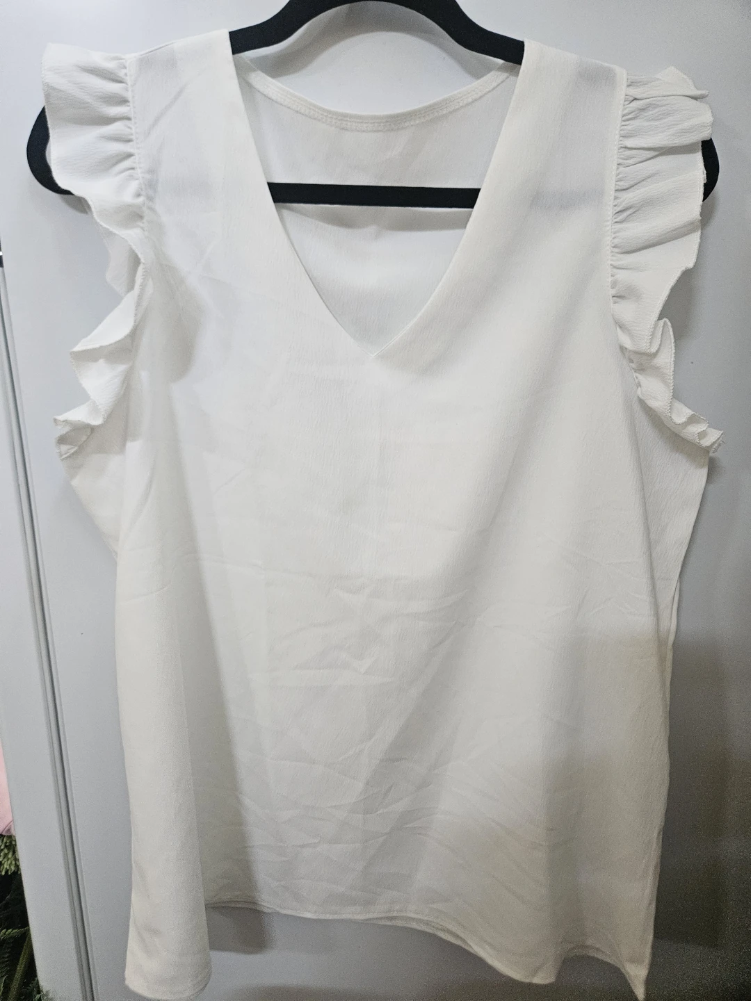 White Ruffle Sleeve V-Neck Top - Size L