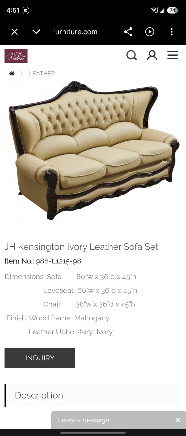 J.H. Kensington Ivory Leather Sofa Set