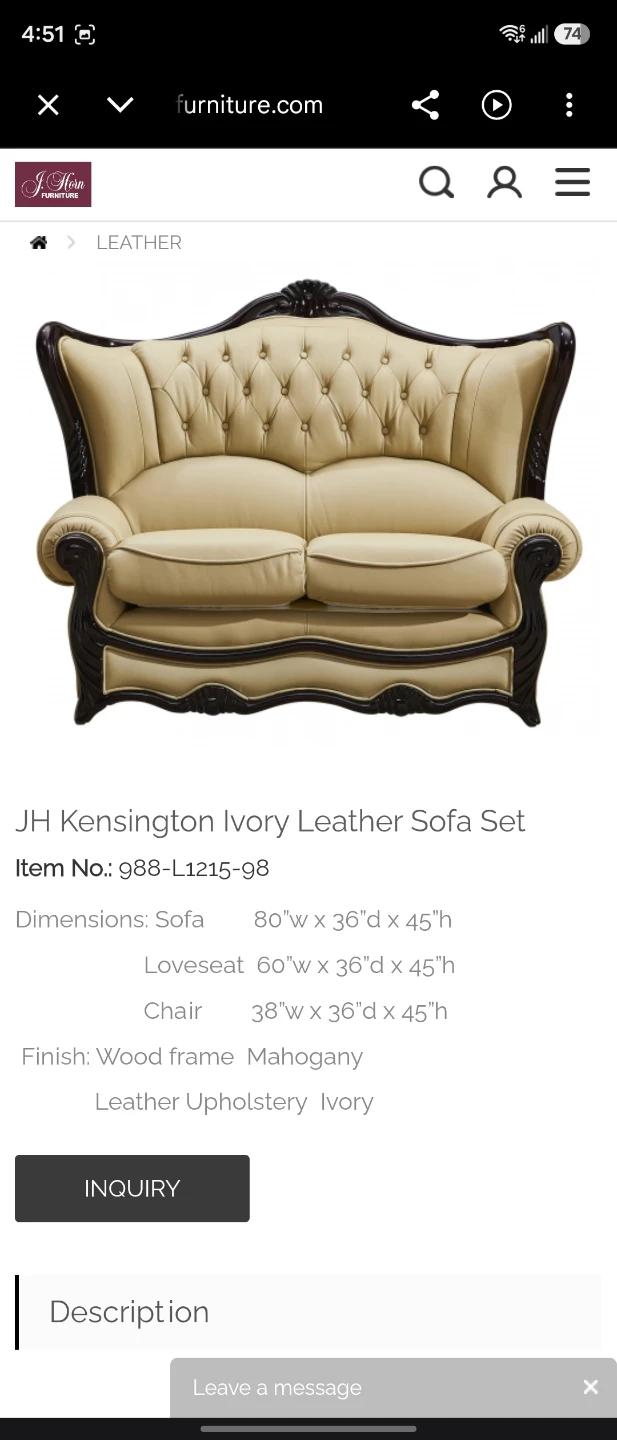 J.H. Kensington Ivory Leather Sofa Set - photo 2