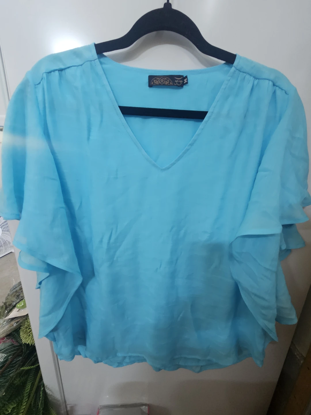Gaya Blue V-Neck Flutter Sleeve Top - Size M