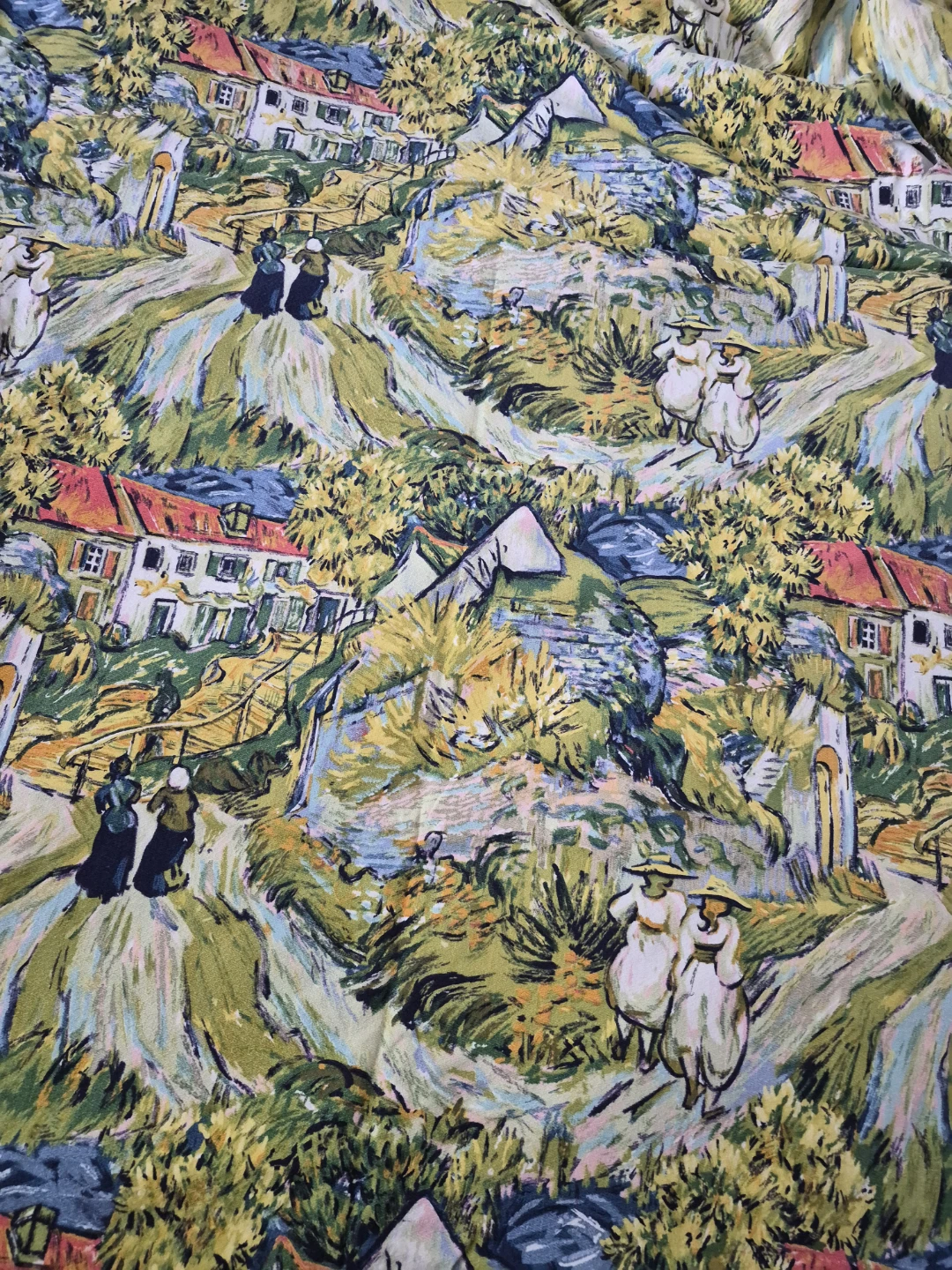Vintage Bark cloth remnant printed with Van Gogh sceneScene