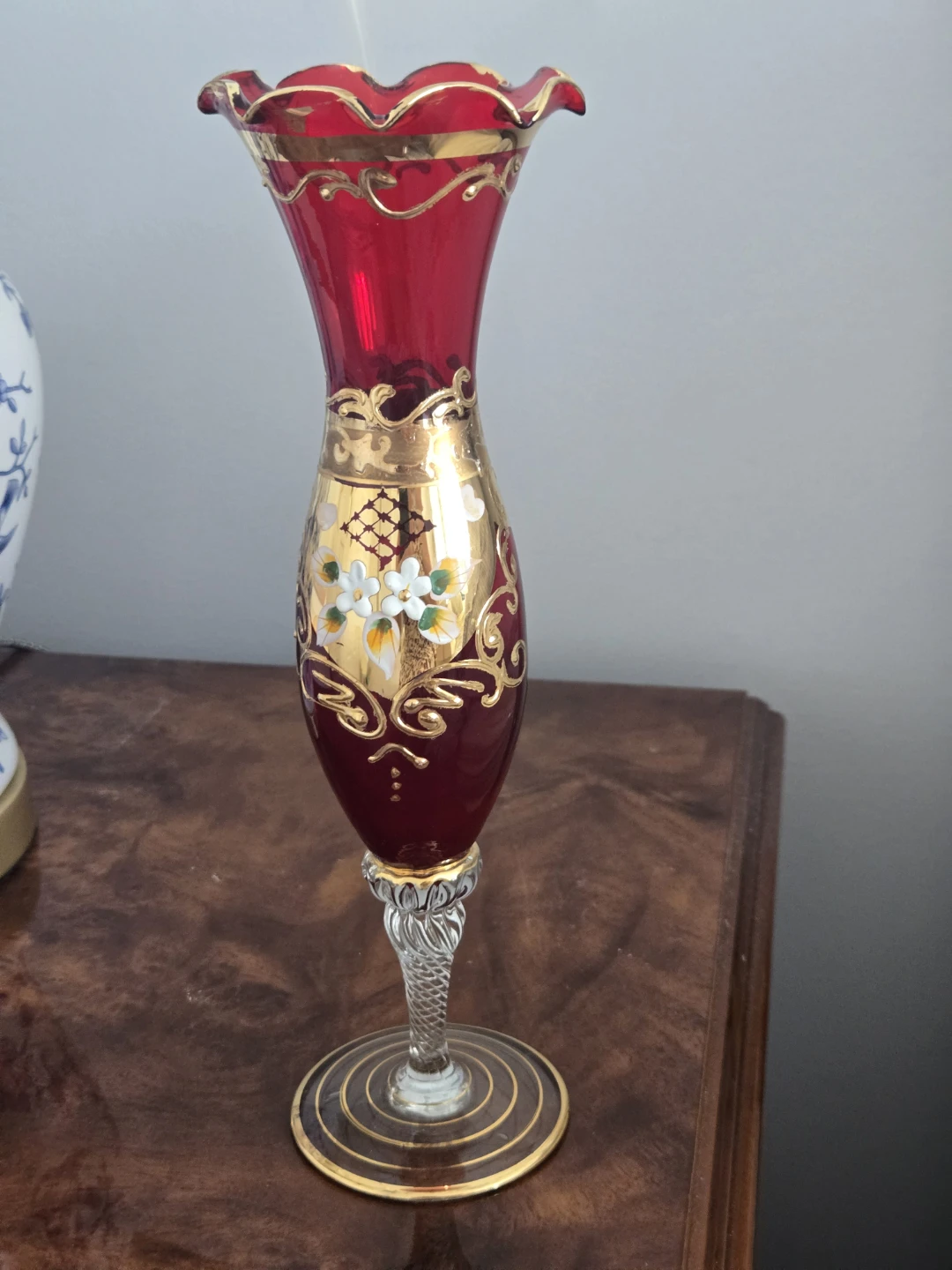 Vintage Bohemian Red Glass Vase with Hand-Painted Flowers