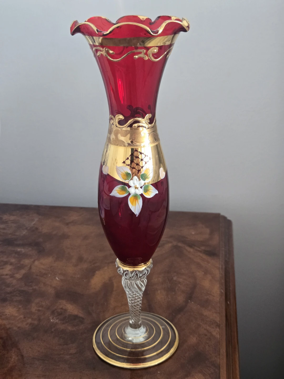 Vintage Bohemian Red Glass Vase with Hand-Painted Flowers - photo 2